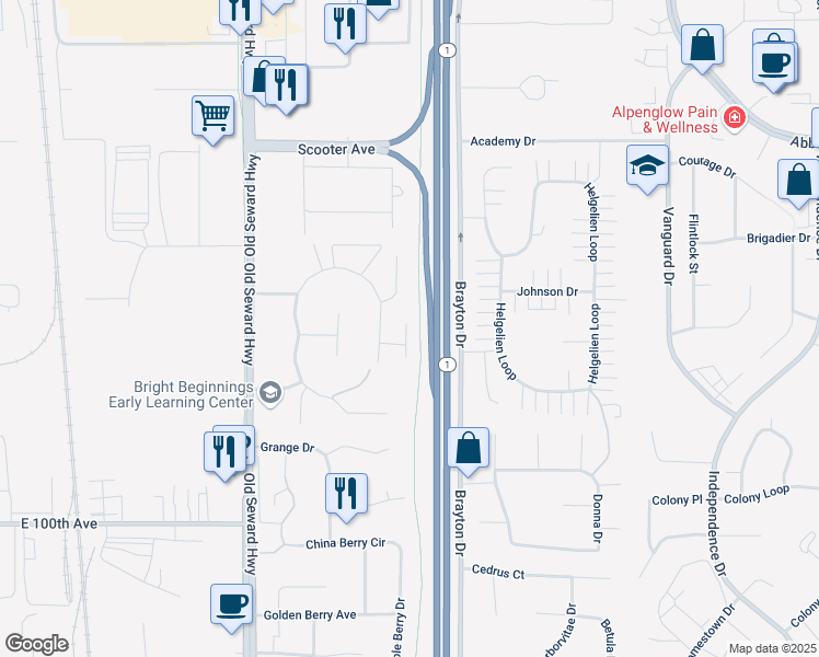 map of restaurants, bars, coffee shops, grocery stores, and more near 1317 Hillcrest Park Court in Anchorage