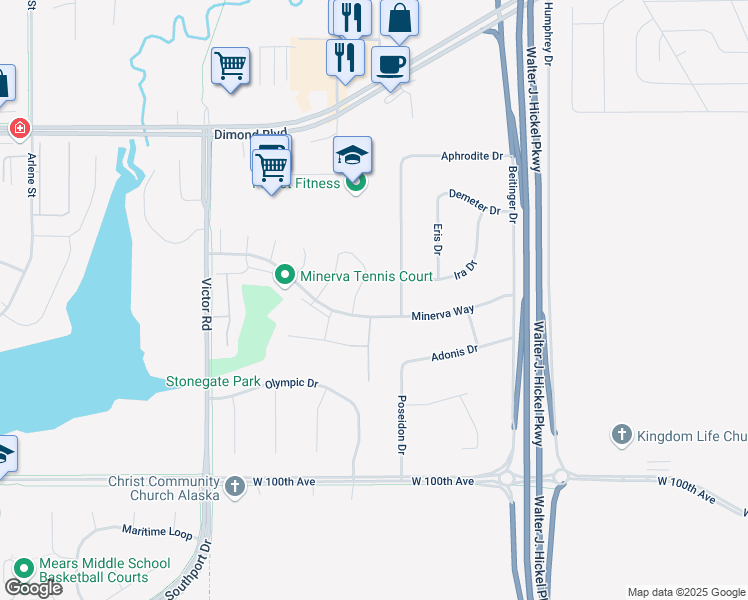 map of restaurants, bars, coffee shops, grocery stores, and more near 1901 Minerva Way in Anchorage