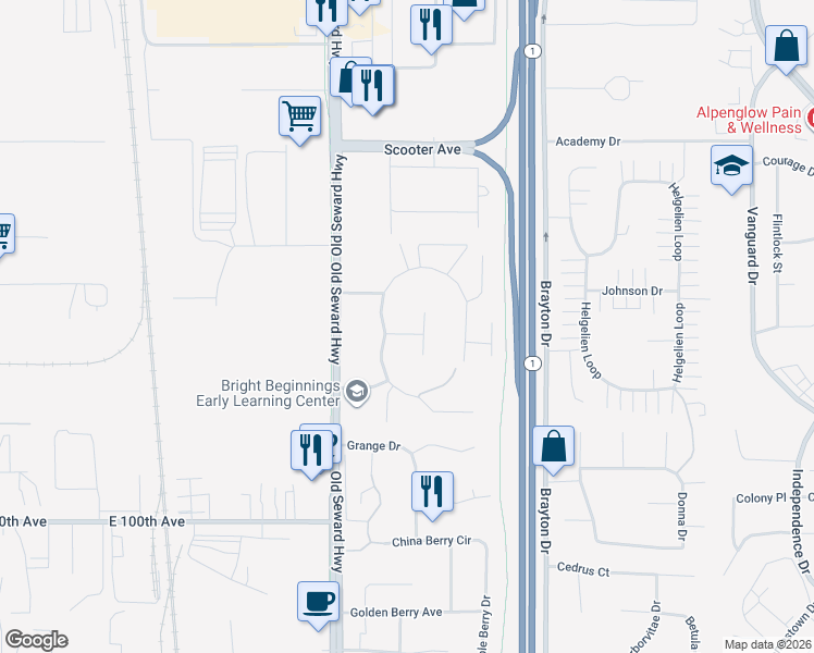 map of restaurants, bars, coffee shops, grocery stores, and more near 1111 Golden Dawn Circle in Anchorage
