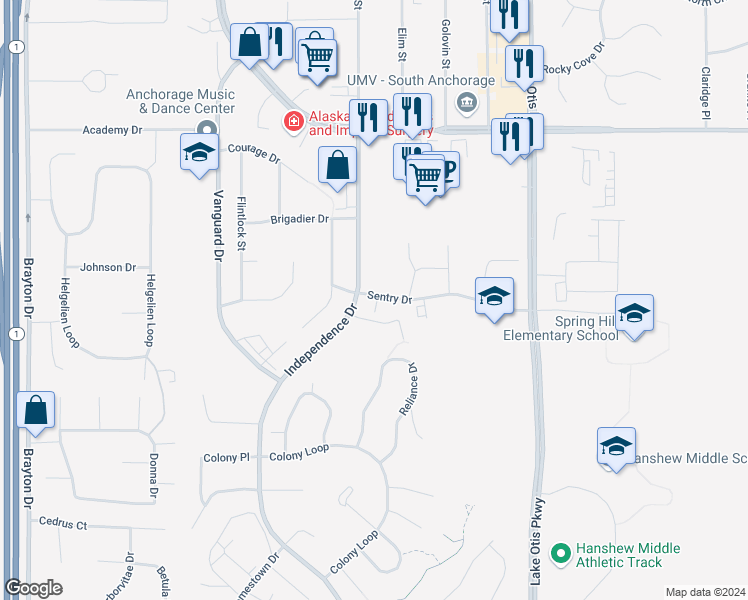 map of restaurants, bars, coffee shops, grocery stores, and more near 2201 Sentry Drive in Anchorage
