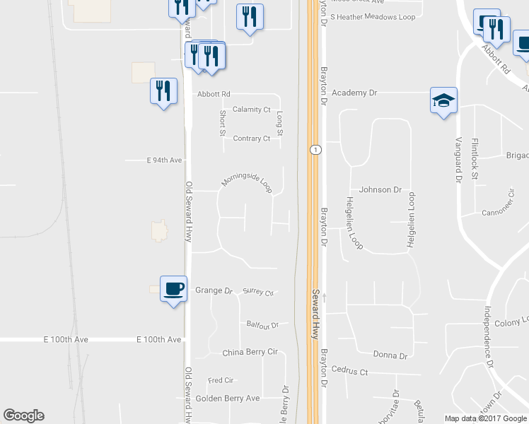 map of restaurants, bars, coffee shops, grocery stores, and more near 9399 Morningside Loop in Anchorage