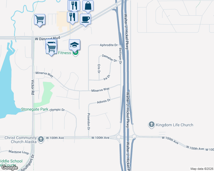 map of restaurants, bars, coffee shops, grocery stores, and more near 1749 Minerva Way in Anchorage