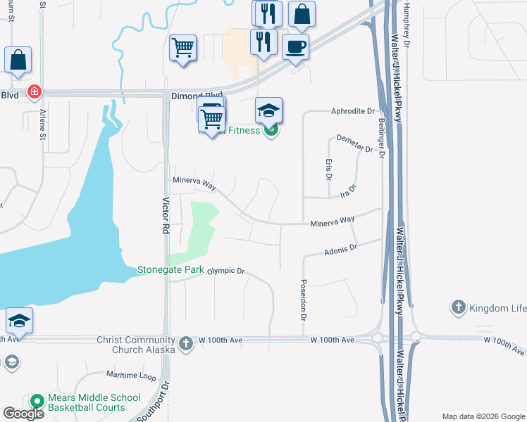 map of restaurants, bars, coffee shops, grocery stores, and more near 9585 Canton Loop in Anchorage