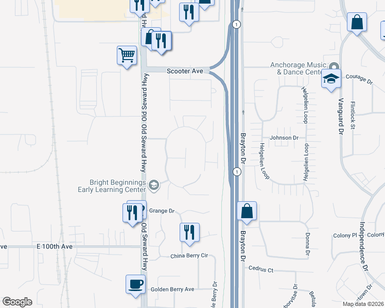 map of restaurants, bars, coffee shops, grocery stores, and more near 1171 Golden Dawn Circle in Anchorage