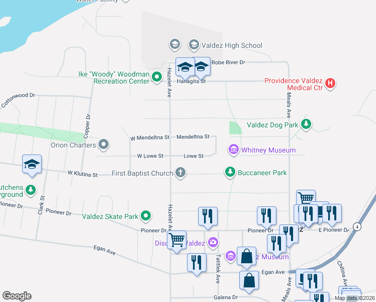 map of restaurants, bars, coffee shops, grocery stores, and more near 347 Lowe Street in Valdez