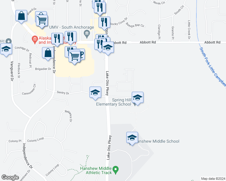 map of restaurants, bars, coffee shops, grocery stores, and more near 2778 Lumenpark Drive in Anchorage