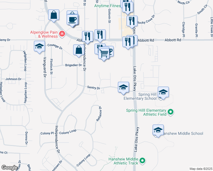map of restaurants, bars, coffee shops, grocery stores, and more near 2340 Sentry Drive in Anchorage