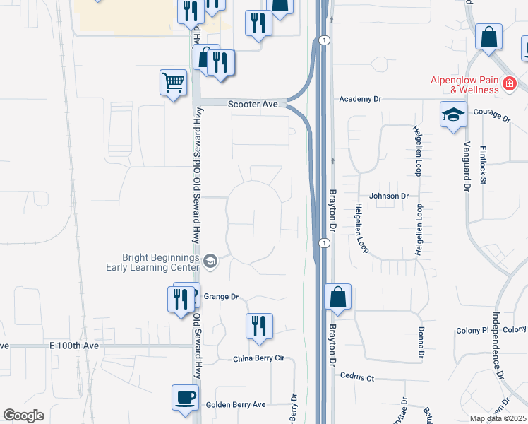 map of restaurants, bars, coffee shops, grocery stores, and more near 1111 Golden Dawn Circle in Anchorage