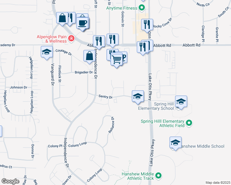 map of restaurants, bars, coffee shops, grocery stores, and more near 2340 Sentry Drive in Anchorage