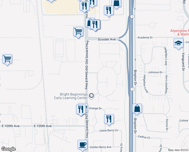 map of restaurants, bars, coffee shops, grocery stores, and more near 1020 Lakewood Court in Anchorage