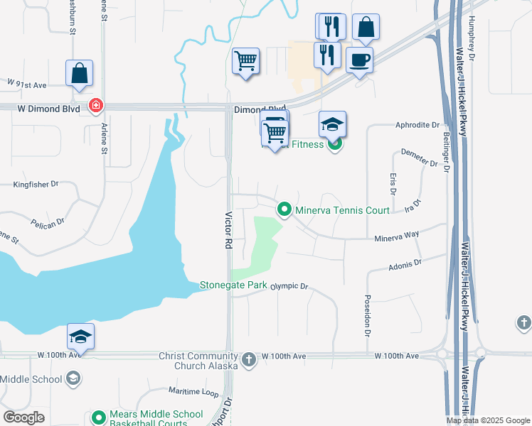 map of restaurants, bars, coffee shops, grocery stores, and more near 2100 Minerva Way in Anchorage