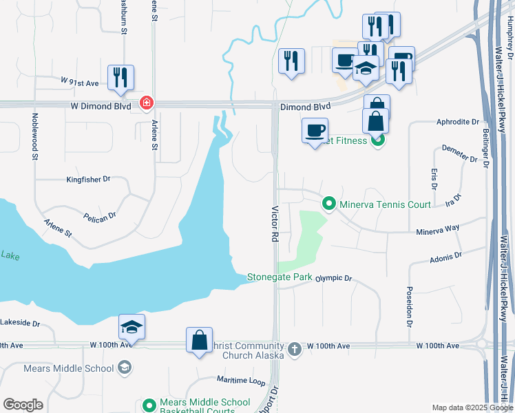 map of restaurants, bars, coffee shops, grocery stores, and more near 9500 Victor Road in Anchorage