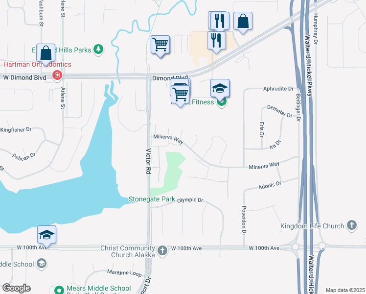 map of restaurants, bars, coffee shops, grocery stores, and more near 2100 Minerva Way in Anchorage