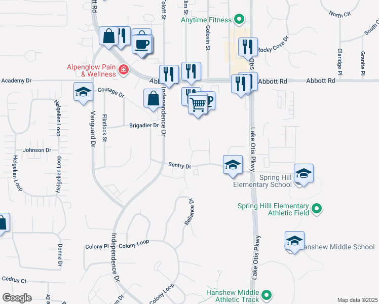 map of restaurants, bars, coffee shops, grocery stores, and more near 2220 Sentry Drive in Anchorage