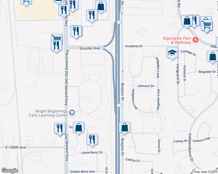 map of restaurants, bars, coffee shops, grocery stores, and more near 1317 Hillcrest Park Court in Anchorage
