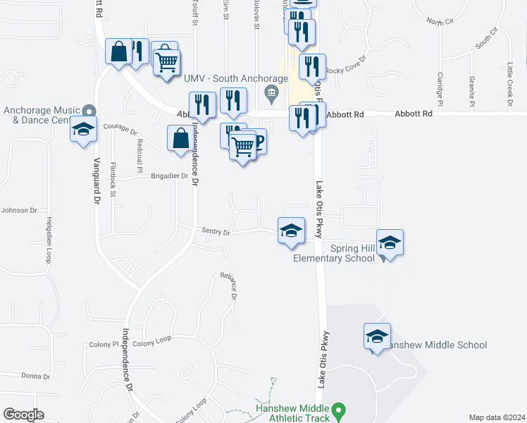 map of restaurants, bars, coffee shops, grocery stores, and more near 2410 Sentry Drive in Anchorage