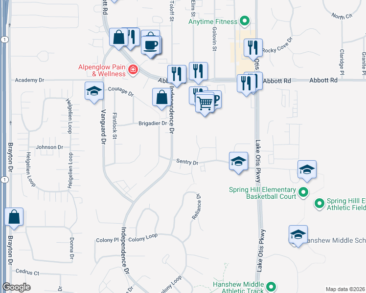 map of restaurants, bars, coffee shops, grocery stores, and more near 2201 Sentry Drive in Anchorage