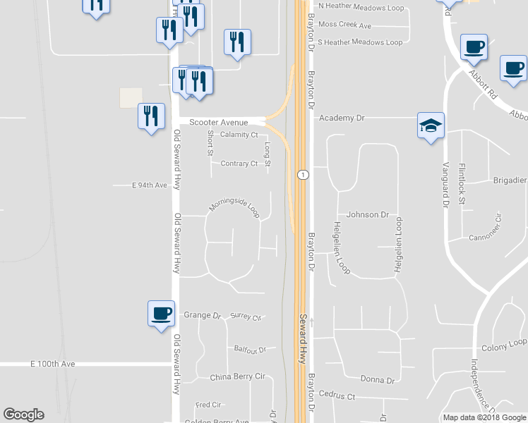 map of restaurants, bars, coffee shops, grocery stores, and more near 9432 Morningside Loop in Anchorage