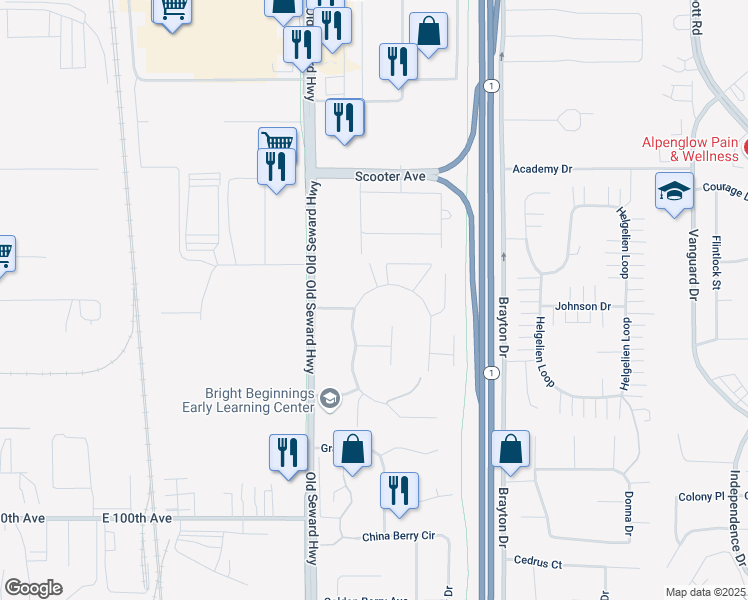 map of restaurants, bars, coffee shops, grocery stores, and more near 1106 Contrary Court in Anchorage