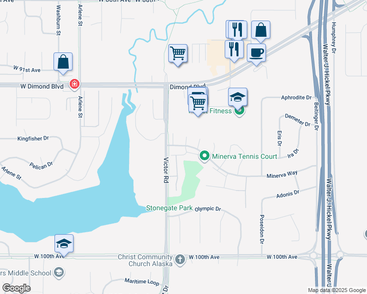 map of restaurants, bars, coffee shops, grocery stores, and more near 2225 Minerva Way in Anchorage