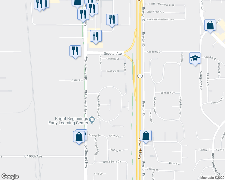 map of restaurants, bars, coffee shops, grocery stores, and more near 9475 Morningside Loop in Anchorage