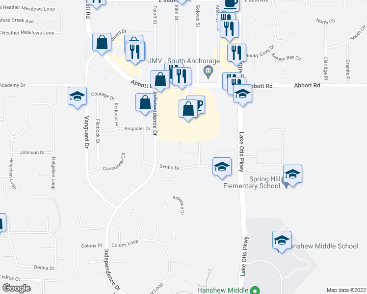 map of restaurants, bars, coffee shops, grocery stores, and more near 2278 Abbott Rd in Anchorage