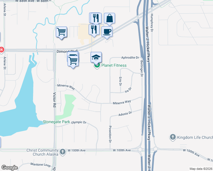 map of restaurants, bars, coffee shops, grocery stores, and more near 9400 Aphrodite Drive in Anchorage