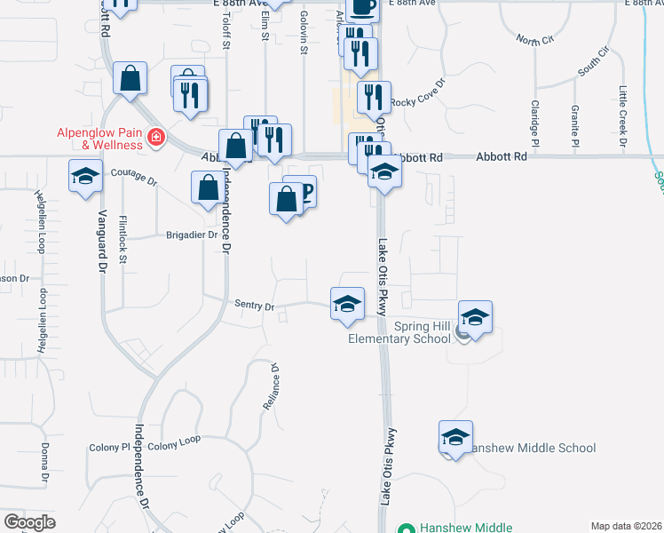 map of restaurants, bars, coffee shops, grocery stores, and more near 2430 Sentry Drive in Anchorage