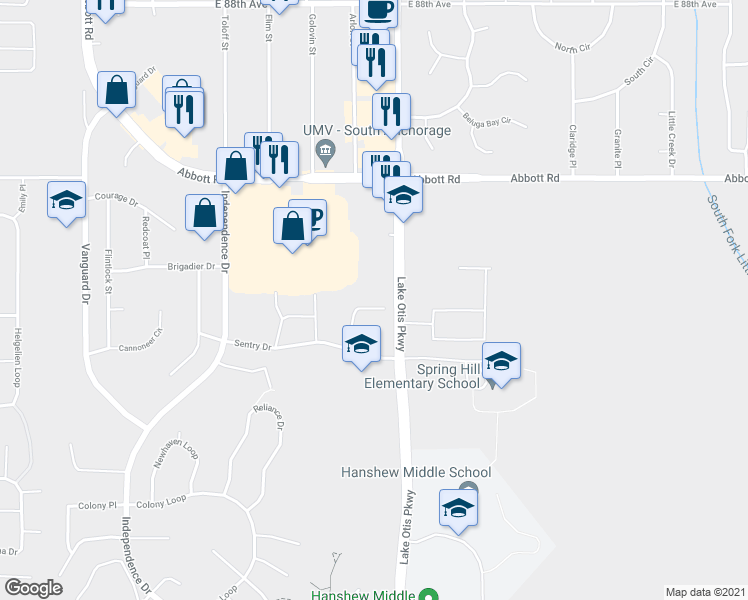 map of restaurants, bars, coffee shops, grocery stores, and more near 2460 Sentry Drive in Anchorage