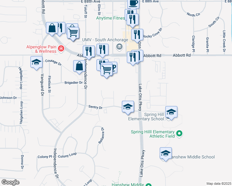map of restaurants, bars, coffee shops, grocery stores, and more near 2000 Abbott Road in Anchorage