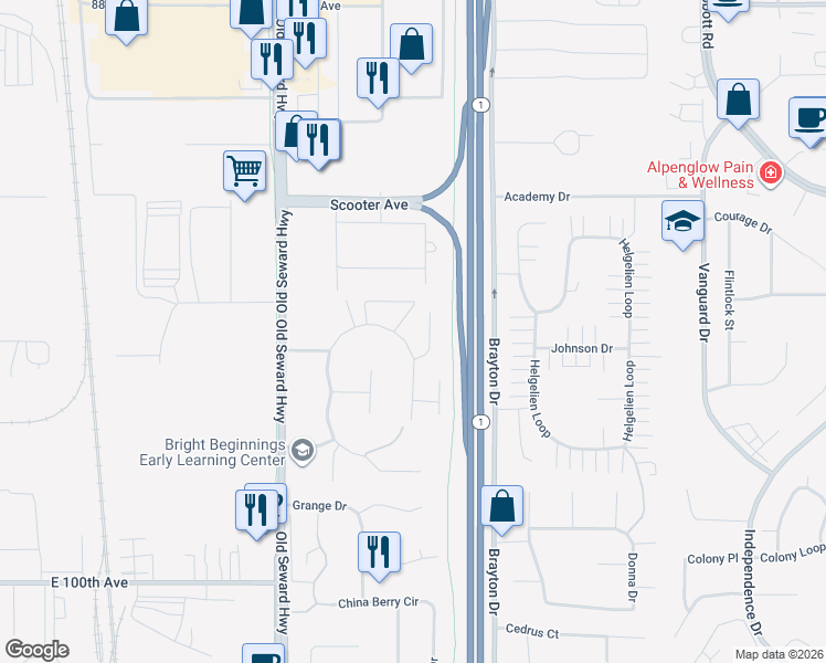 map of restaurants, bars, coffee shops, grocery stores, and more near 1236 Contrary Court in Anchorage