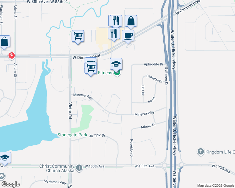 map of restaurants, bars, coffee shops, grocery stores, and more near 9464 Canton Loop in Anchorage