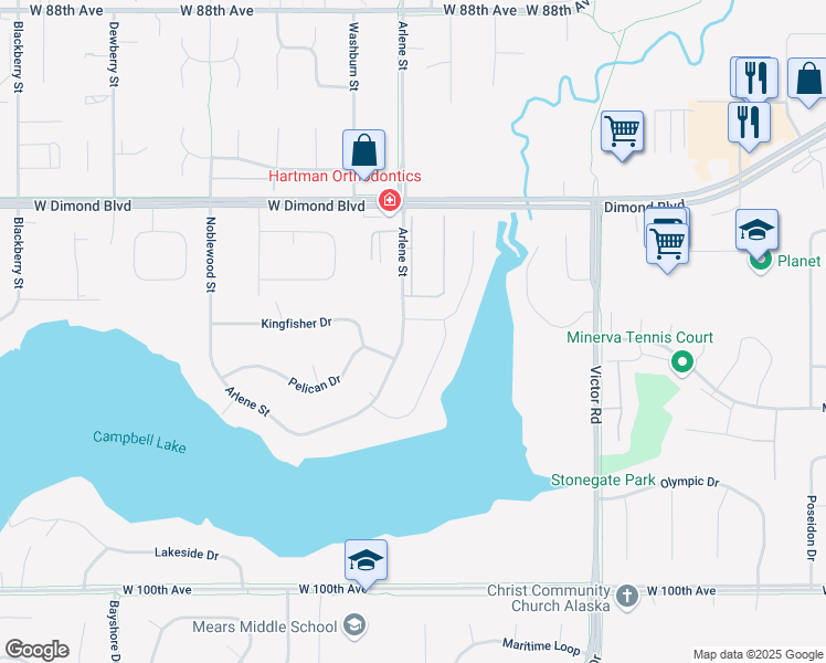 map of restaurants, bars, coffee shops, grocery stores, and more near 9421 Arlene Drive in Anchorage