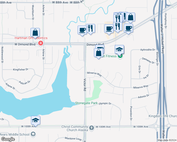 map of restaurants, bars, coffee shops, grocery stores, and more near 2301 Canary Court in Anchorage