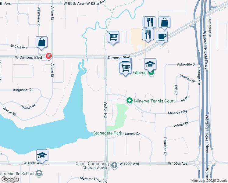 map of restaurants, bars, coffee shops, grocery stores, and more near 2225 Minerva Way in Anchorage