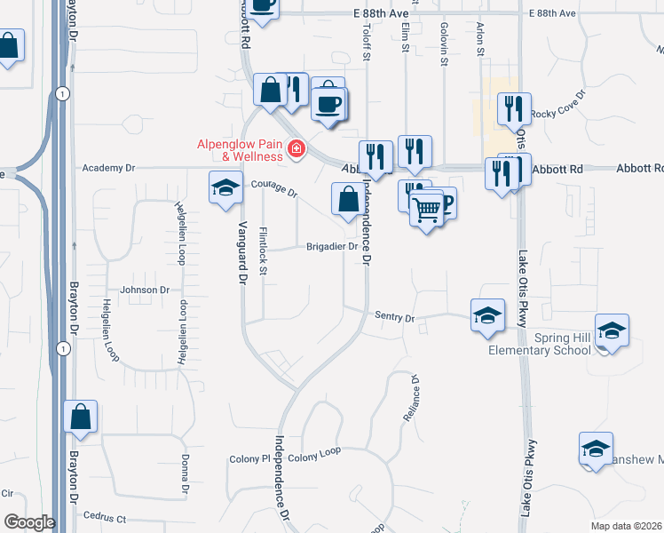 map of restaurants, bars, coffee shops, grocery stores, and more near 2060 Brigadier Drive in Anchorage
