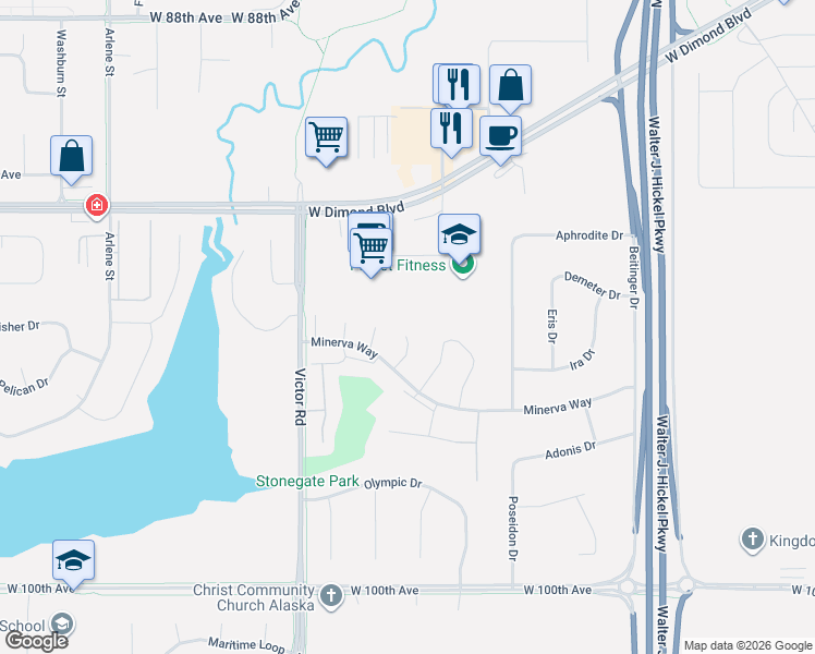 map of restaurants, bars, coffee shops, grocery stores, and more near 9423 Liberty Circle in Anchorage