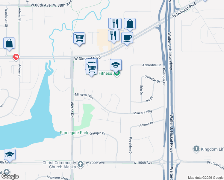 map of restaurants, bars, coffee shops, grocery stores, and more near 9464 Canton Loop in Anchorage