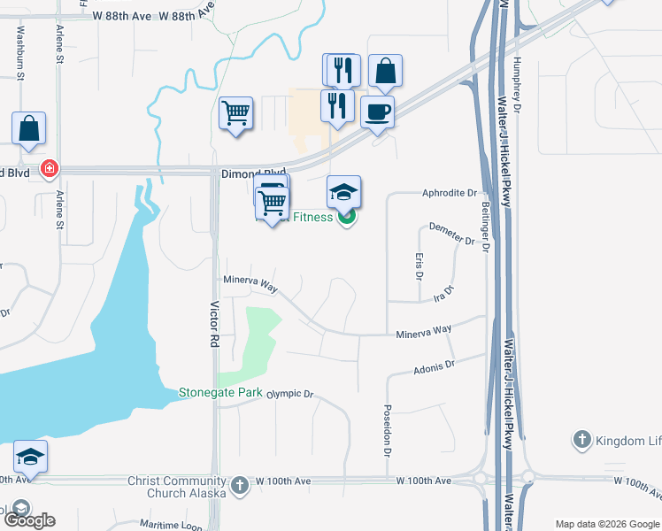 map of restaurants, bars, coffee shops, grocery stores, and more near 9456 Canton Loop in Anchorage