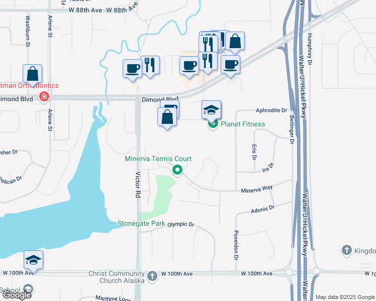 map of restaurants, bars, coffee shops, grocery stores, and more near 9423 Liberty Circle in Anchorage