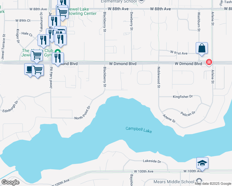 map of restaurants, bars, coffee shops, grocery stores, and more near 3400 North Shore Drive in Anchorage