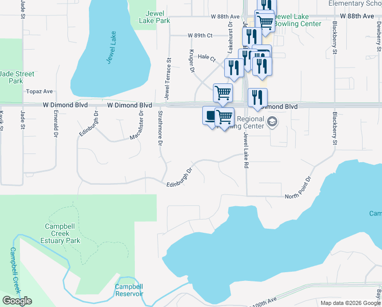 map of restaurants, bars, coffee shops, grocery stores, and more near 4051 Edinburgh Drive in Anchorage