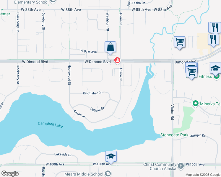map of restaurants, bars, coffee shops, grocery stores, and more near 2730 Kingfisher Dr in Anchorage
