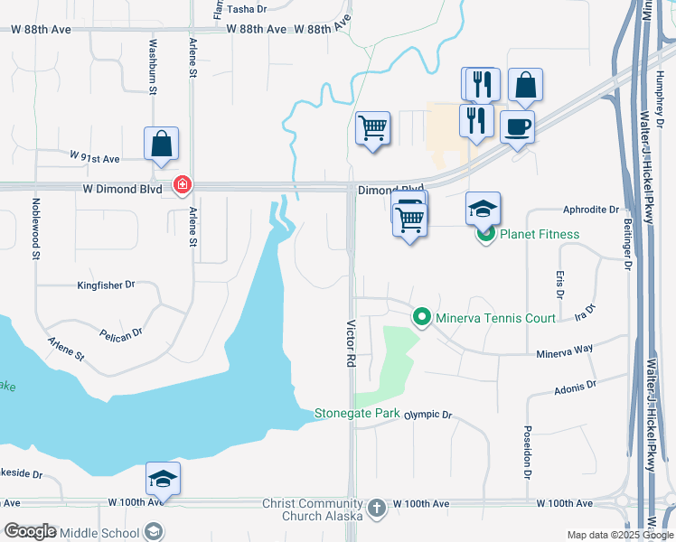map of restaurants, bars, coffee shops, grocery stores, and more near 2301 Canary Ct in Anchorage