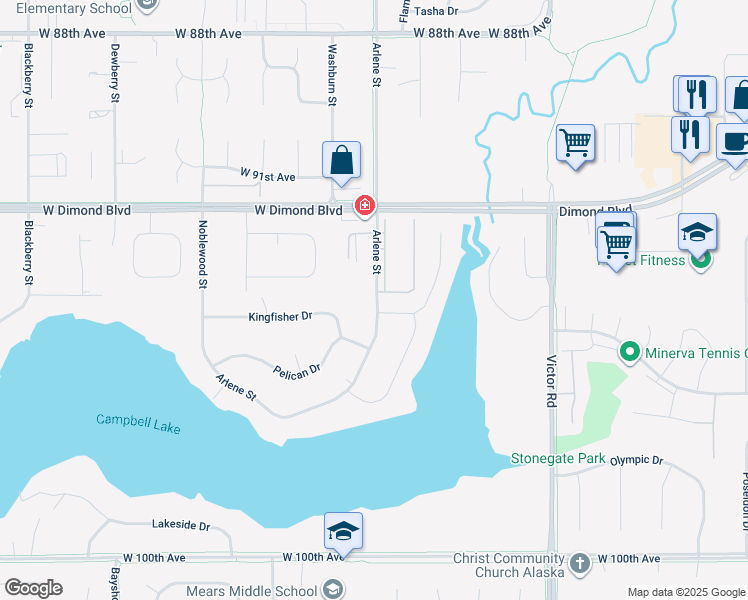 map of restaurants, bars, coffee shops, grocery stores, and more near 9400 Arlene Street in Anchorage