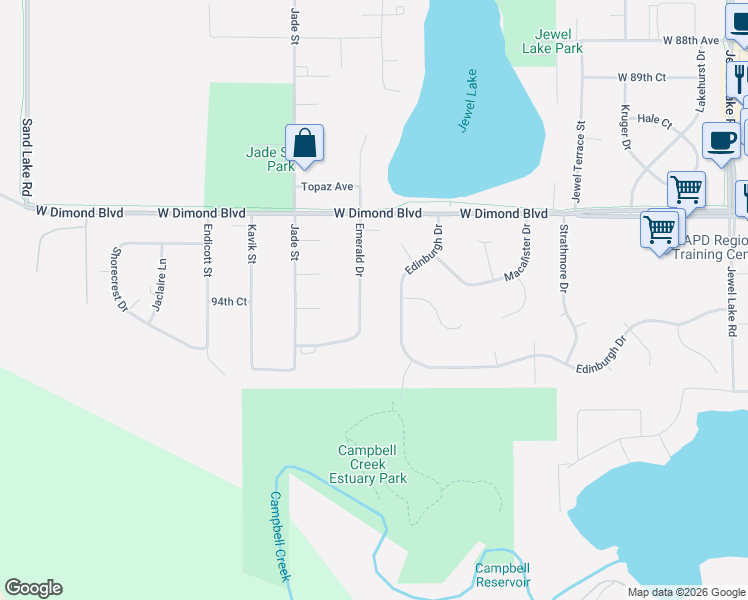 map of restaurants, bars, coffee shops, grocery stores, and more near 9405 Emerald Drive in Anchorage