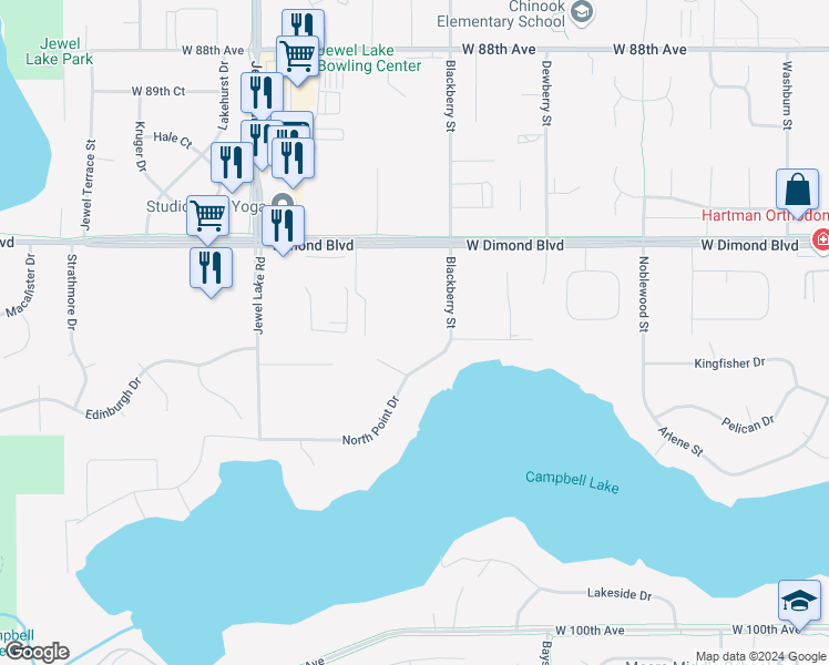 map of restaurants, bars, coffee shops, grocery stores, and more near 3517 North Point Drive in Anchorage