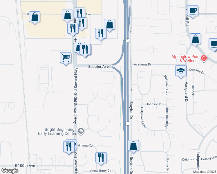 map of restaurants, bars, coffee shops, grocery stores, and more near 1236 Contrary Court in Anchorage