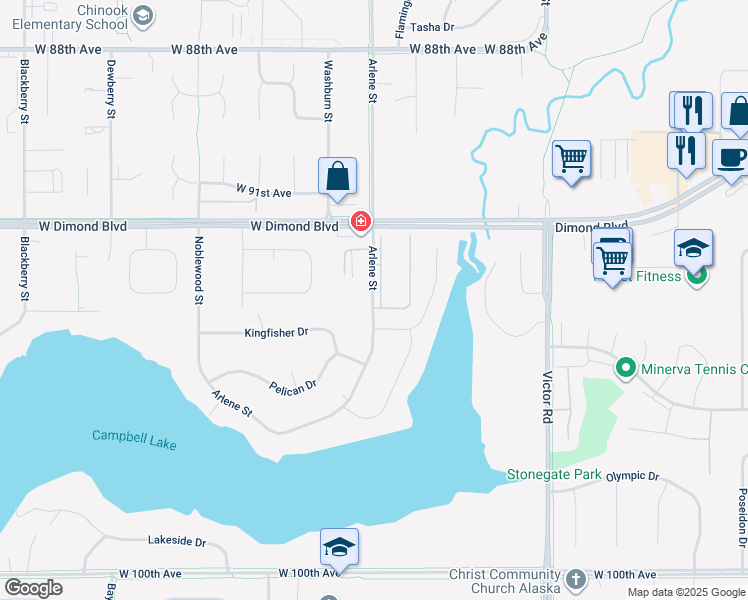 map of restaurants, bars, coffee shops, grocery stores, and more near 9400 Arlene Street in Anchorage