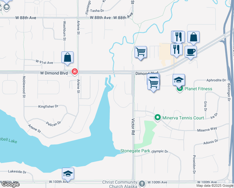 map of restaurants, bars, coffee shops, grocery stores, and more near 2351 Canary Court in Anchorage